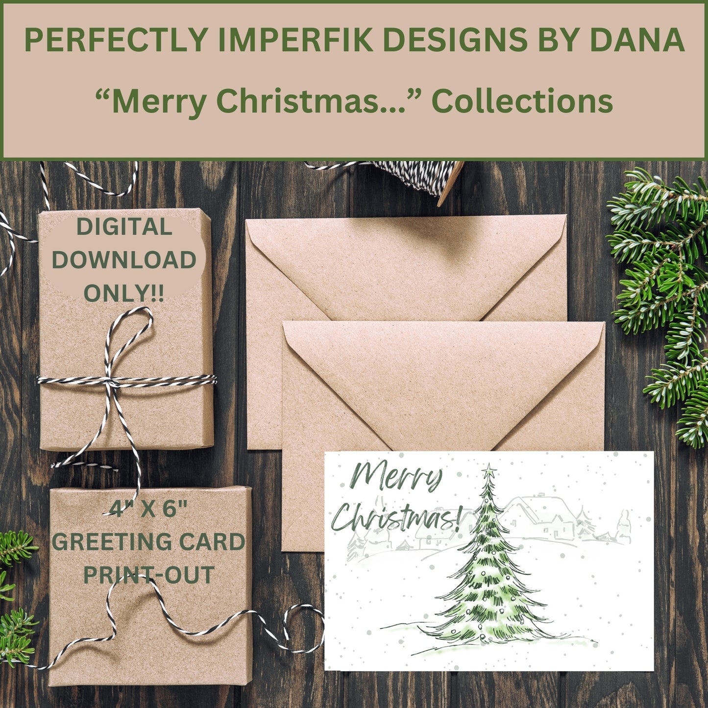 5X7 in. Digital ‘Merry Christmas’ Greeting Card Download feat. Spruce Green Pine Trees. Print, Cut & Fold