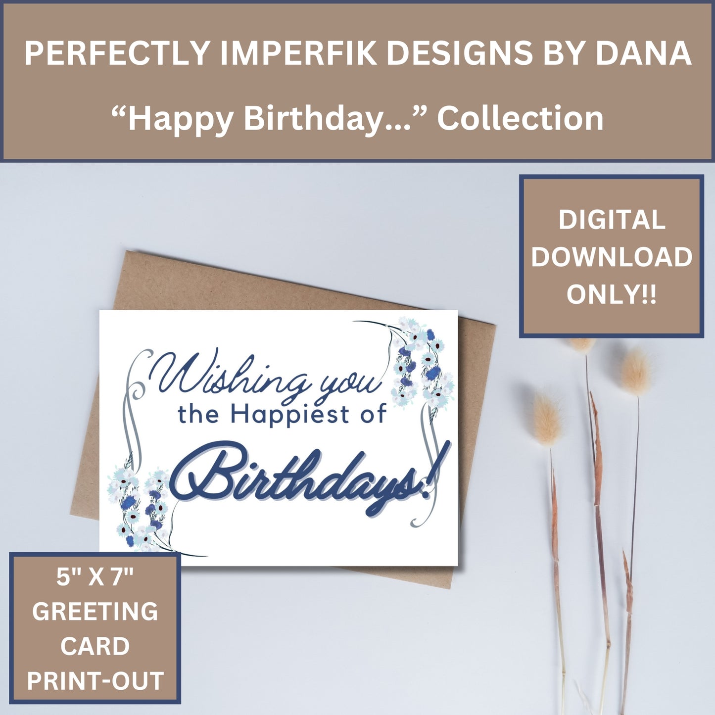 5X7 in. Digital ‘Happy Birthday’ Greeting Card Download feat. Blue Floral. Print, Cut & Fold