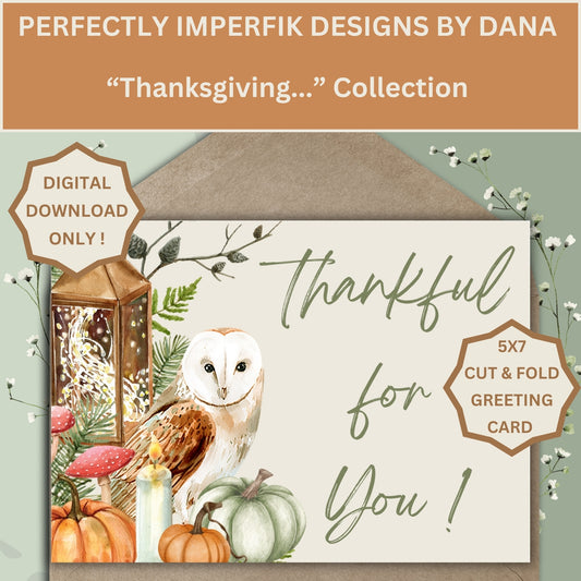 5X7 in. Digital ‘Thankful’ Greeting Card Download feat. Owl & Pumpkins Print, Cut & Fold