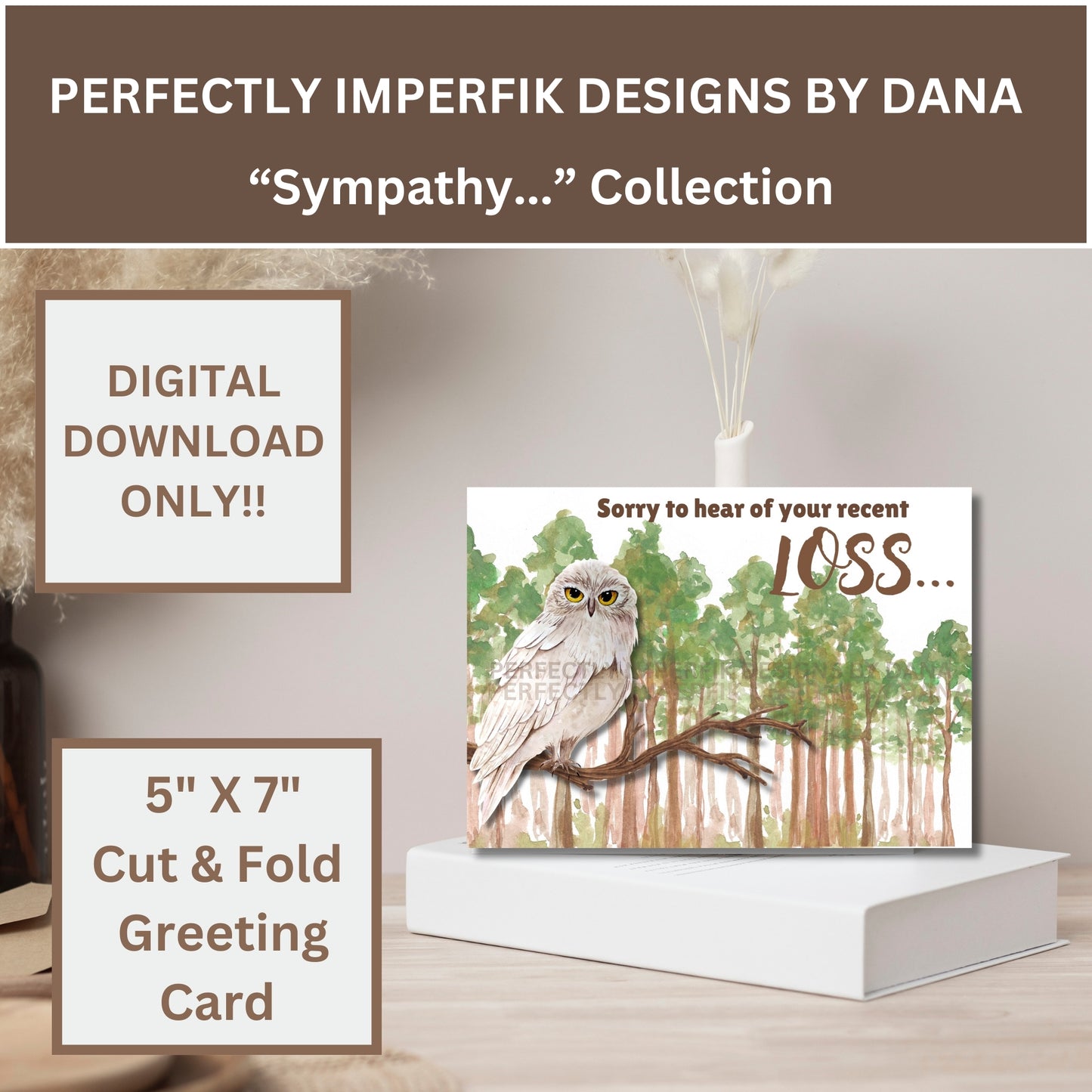 5X7 in. Digital ‘Sympathy’ Greeting Card Featuring Owls Download. Print, Cut & Fold