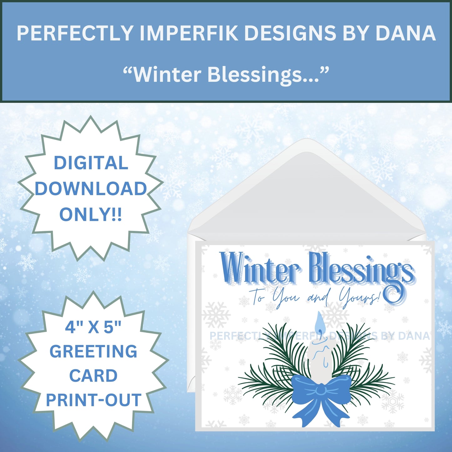 4X5 in. Digital ‘Winter Blessings’ Greeting Card Download feat. Winter Candle Blue Print, Cut & Fold