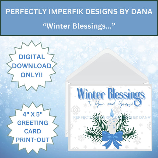 4X5 in. Digital ‘Winter Blessings’ Greeting Card Download feat. Winter Candle Blue Print, Cut & Fold