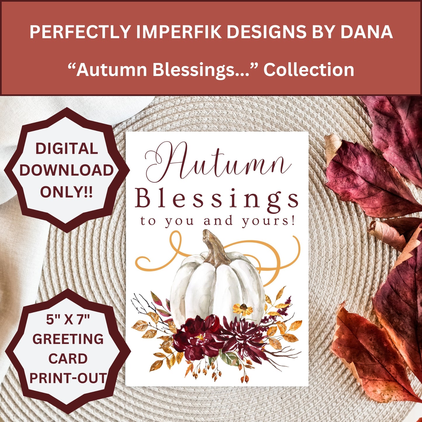 Digital 'Autumn Blessings' Download Greeting Card 5x7 Print Cut & Fold