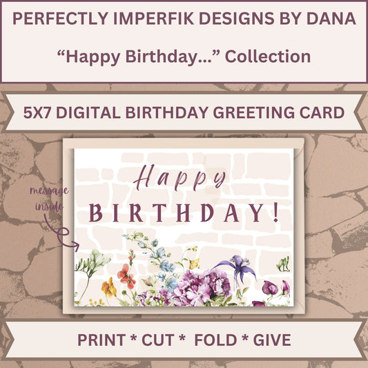 5X7 in. Digital ‘Happy Birthday’ Greeting Card Download feat. Burgendy Floral Print, Cut & Fold