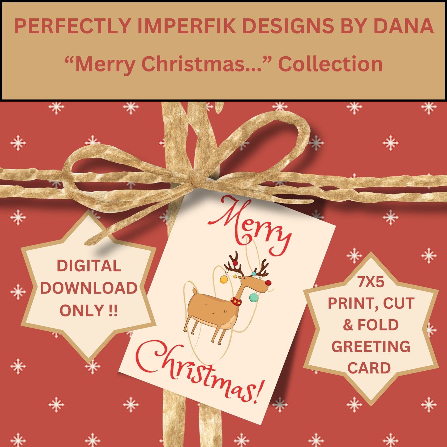 5X7 in. Digital ‘Merry Christmas’ Greeting Card Download. Print, Cut & Fold