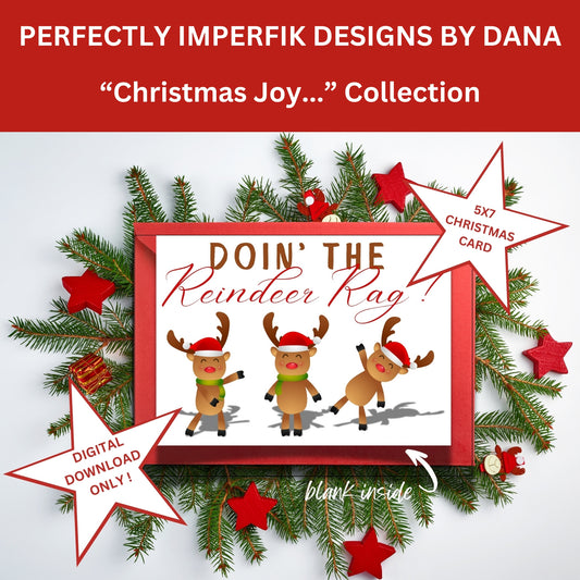 5X7 in. Digital ‘Christmas Joy’ Greeting Card Download feat. Dancing Reindeer. Print, Cut & Fold