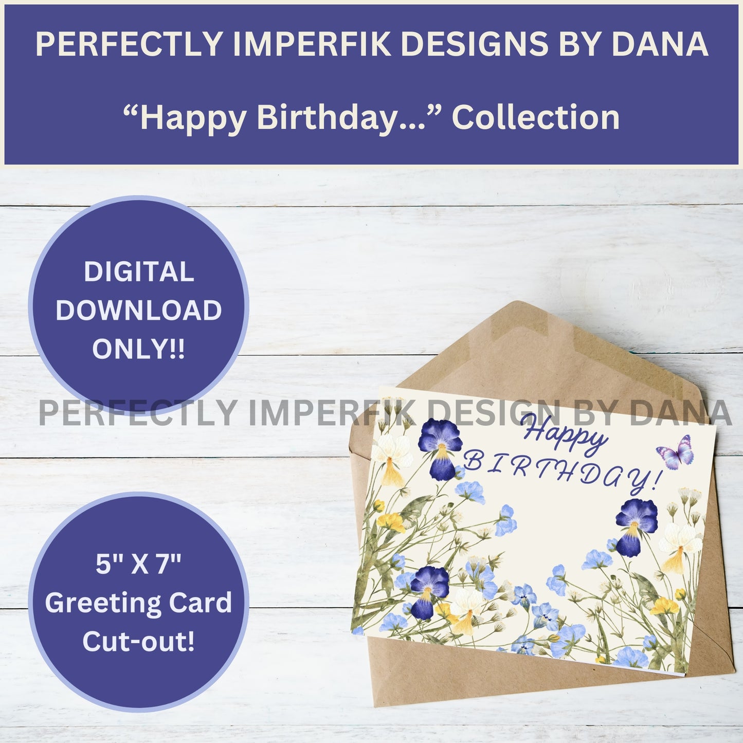 Birthday 5X7 Inch Greeting Card Download & Printable Pansies Floral