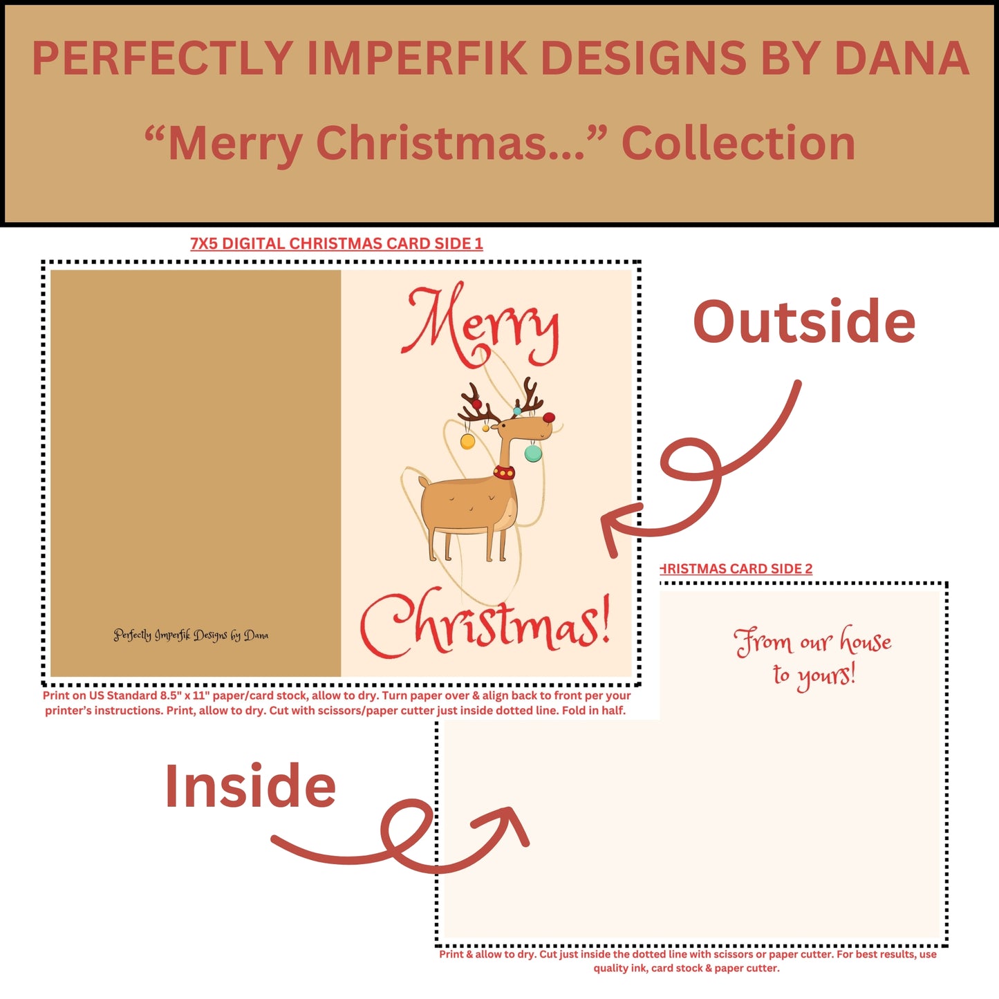 5X7 in. Digital ‘Merry Christmas’ Greeting Card Download. Print, Cut & Fold