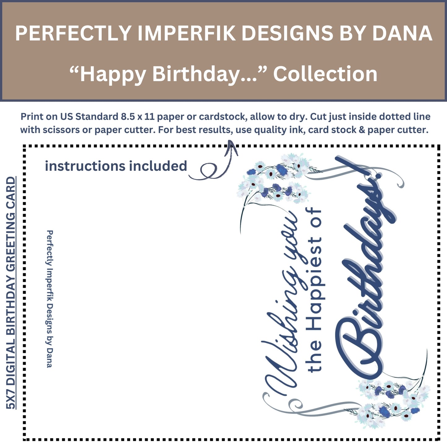 5X7 in. Digital ‘Happy Birthday’ Greeting Card Download feat. Blue Floral. Print, Cut & Fold