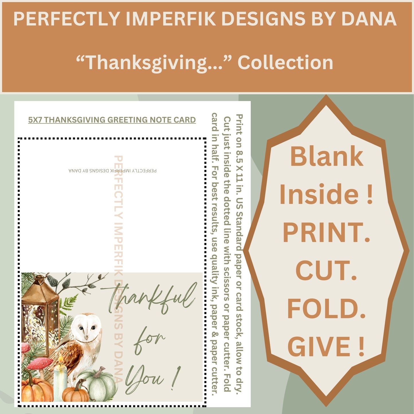 5X7 in. Digital ‘Thankful’ Greeting Card Download feat. Owl & Pumpkins Print, Cut & Fold