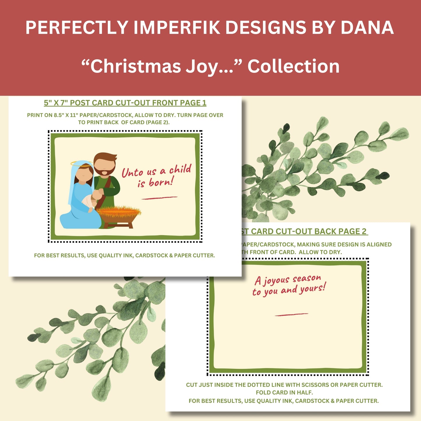 5X7 in. Digital ‘Christmas Joy’ Greeting Post Card Download feat. Holy Family Print, Cut & Fold