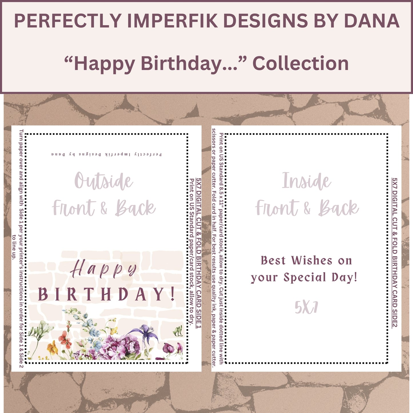 5X7 in. Digital ‘Happy Birthday’ Greeting Card Download feat. Burgendy Floral Print, Cut & Fold