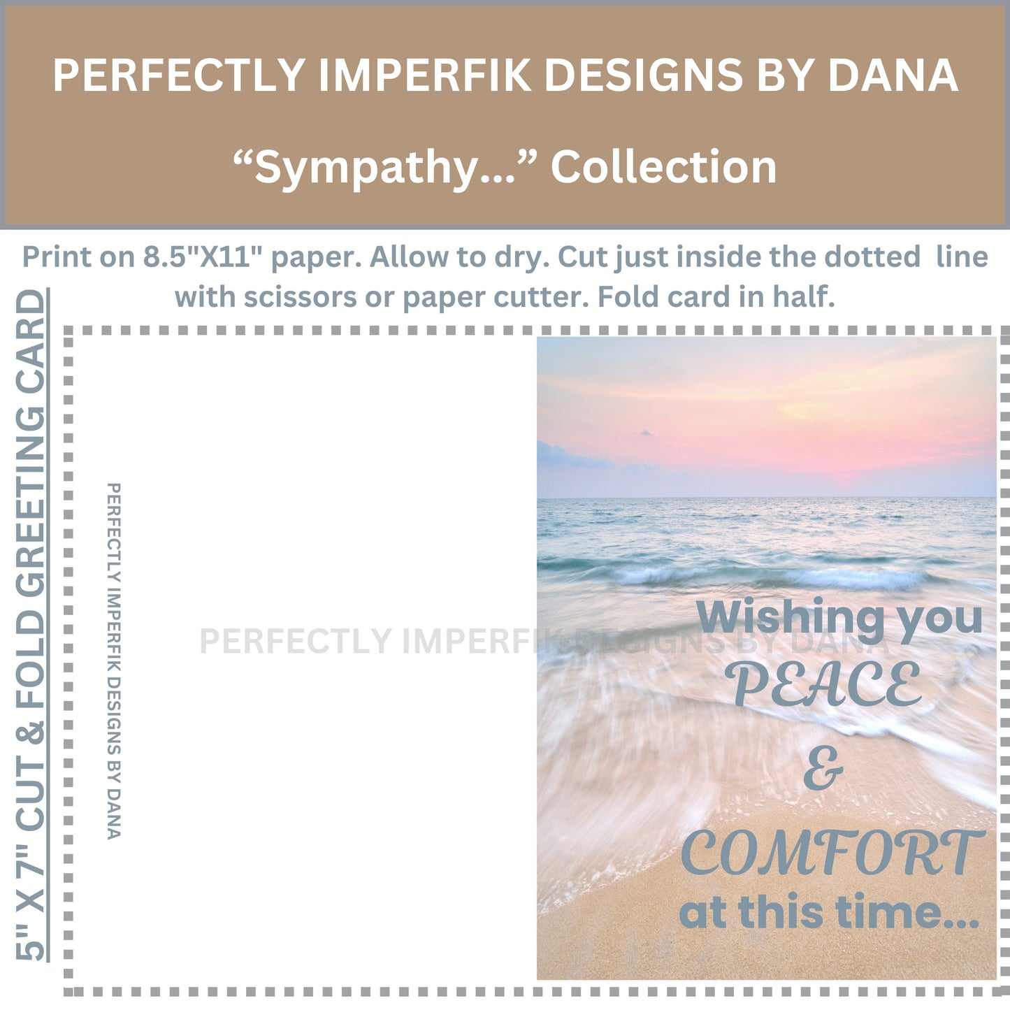 5X7 in. Digital ‘Sympathy’ Greeting Card Download feat. Beach & Sand. Print, Cut & Fold.