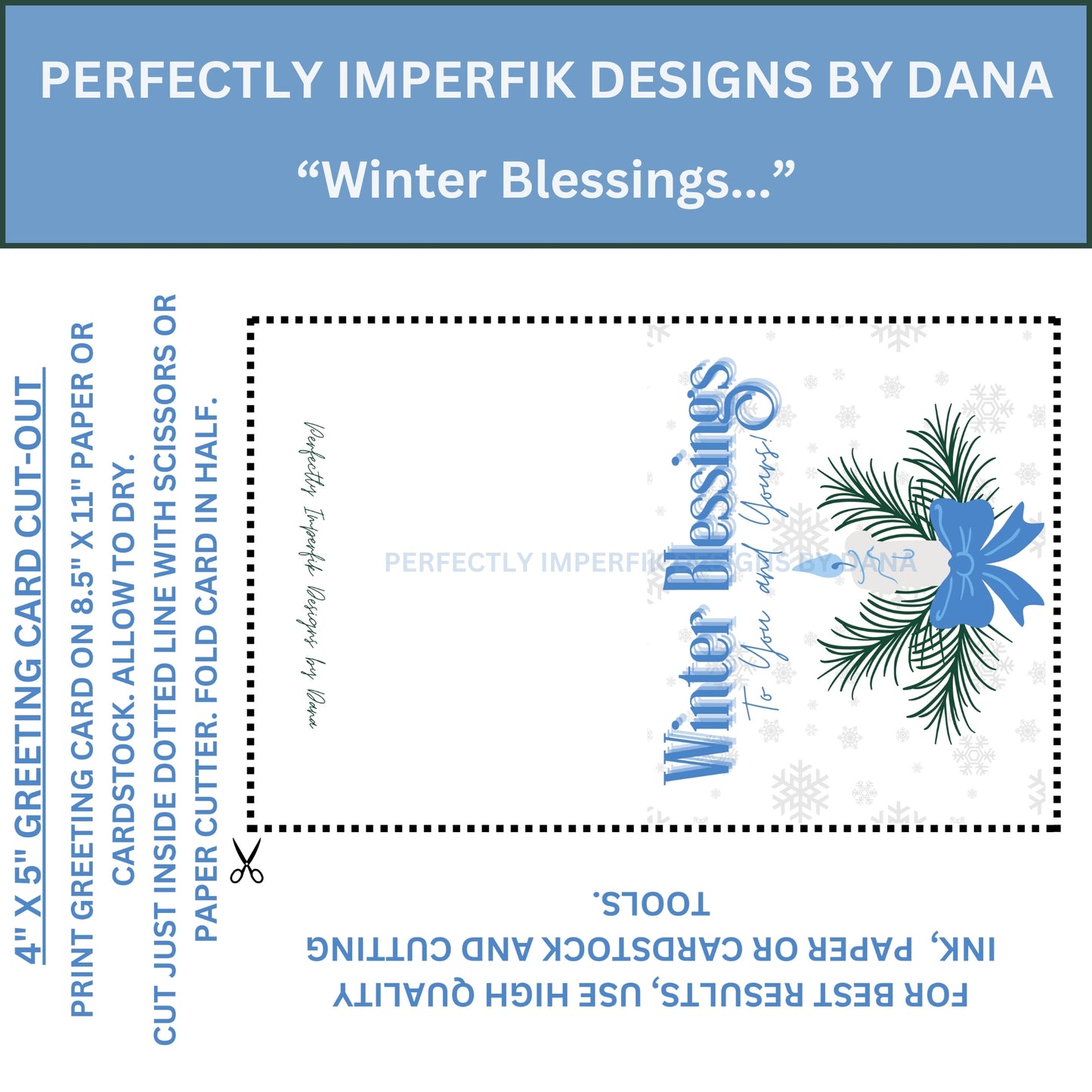 4X5 in. Digital ‘Winter Blessings’ Greeting Card Download feat. Winter Candle Blue Print, Cut & Fold