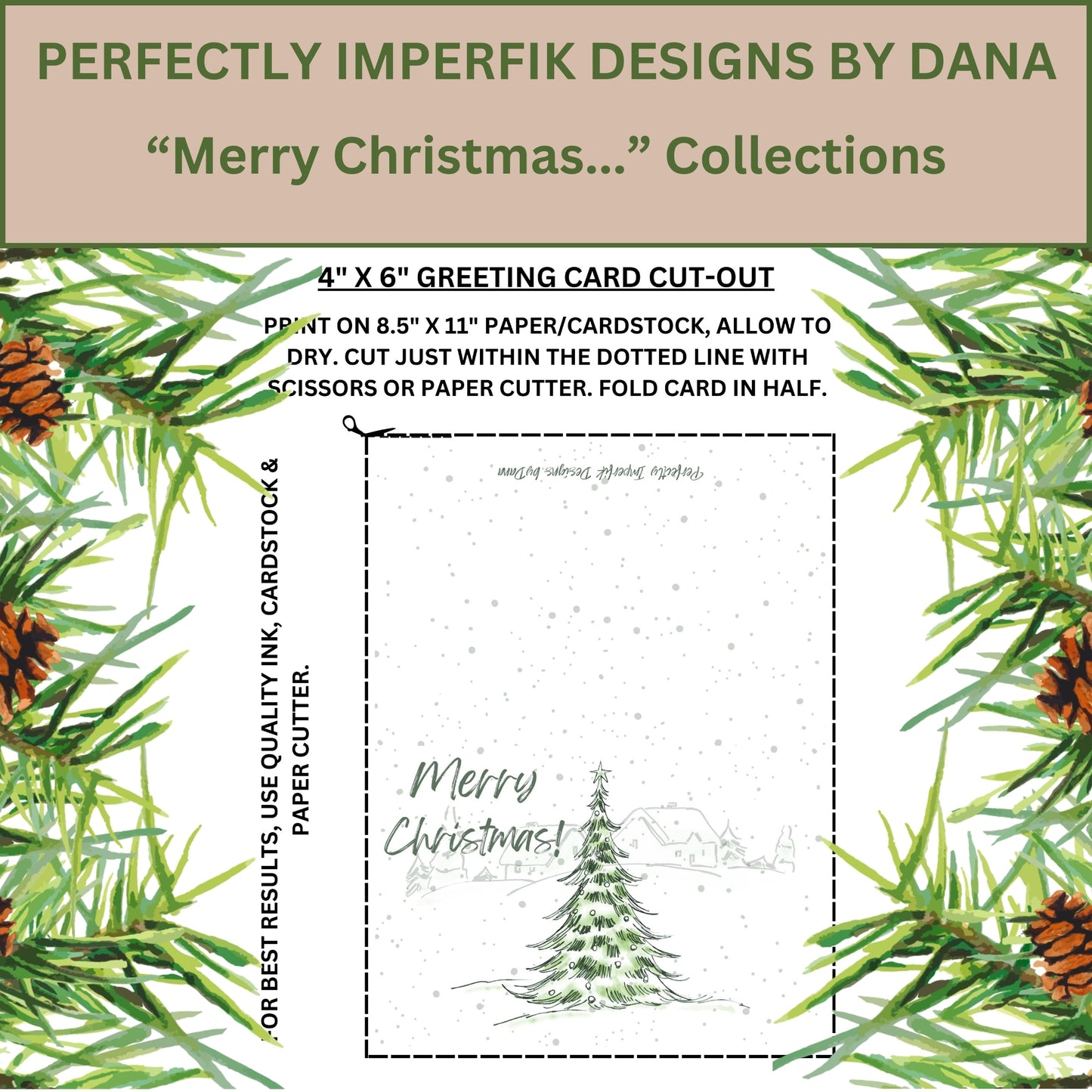 5X7 in. Digital ‘Merry Christmas’ Greeting Card Download feat. Spruce Green Pine Trees. Print, Cut & Fold