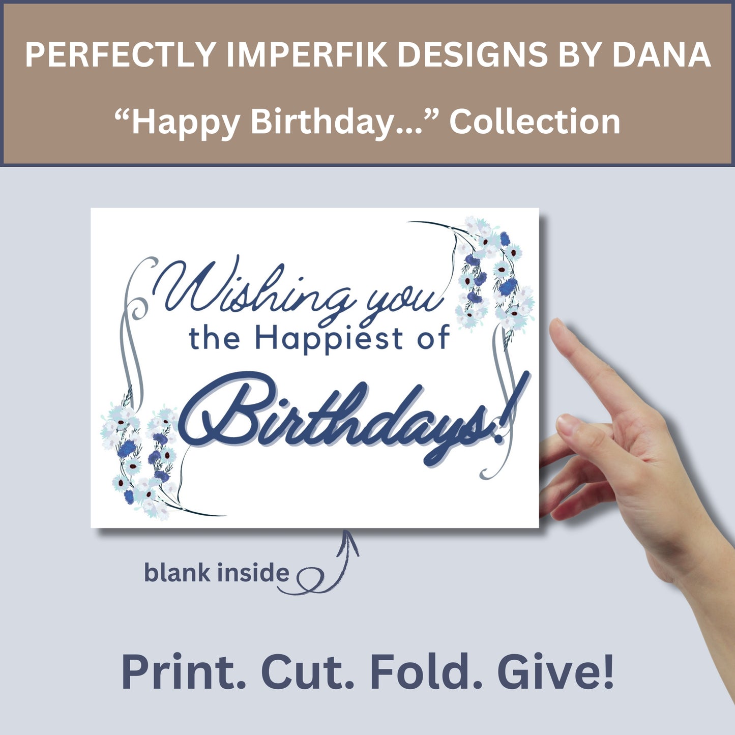 5X7 in. Digital ‘Happy Birthday’ Greeting Card Download feat. Blue Floral. Print, Cut & Fold