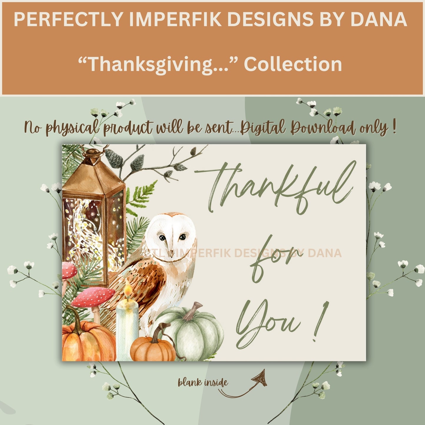 5X7 in. Digital ‘Thankful’ Greeting Card Download feat. Owl & Pumpkins Print, Cut & Fold