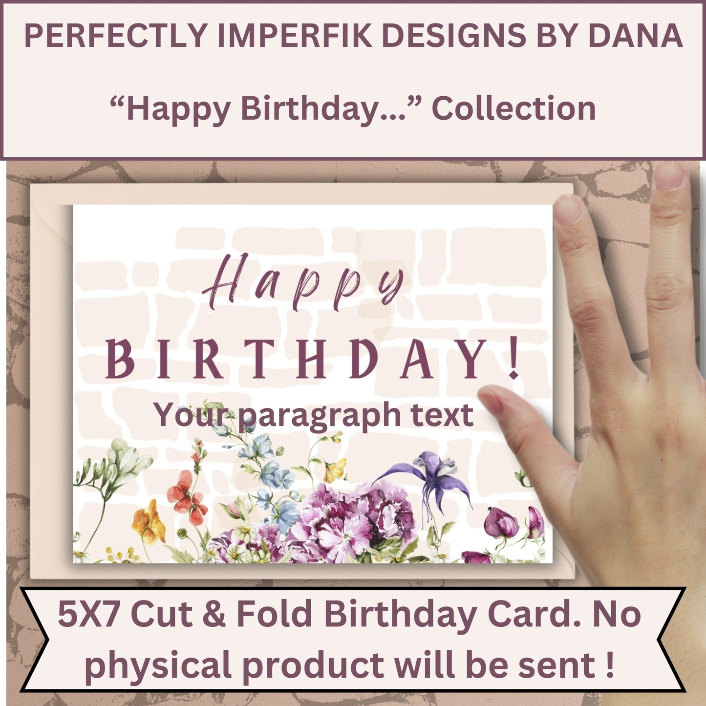 5X7 in. Digital ‘Happy Birthday’ Greeting Card Download feat. Burgendy Floral Print, Cut & Fold