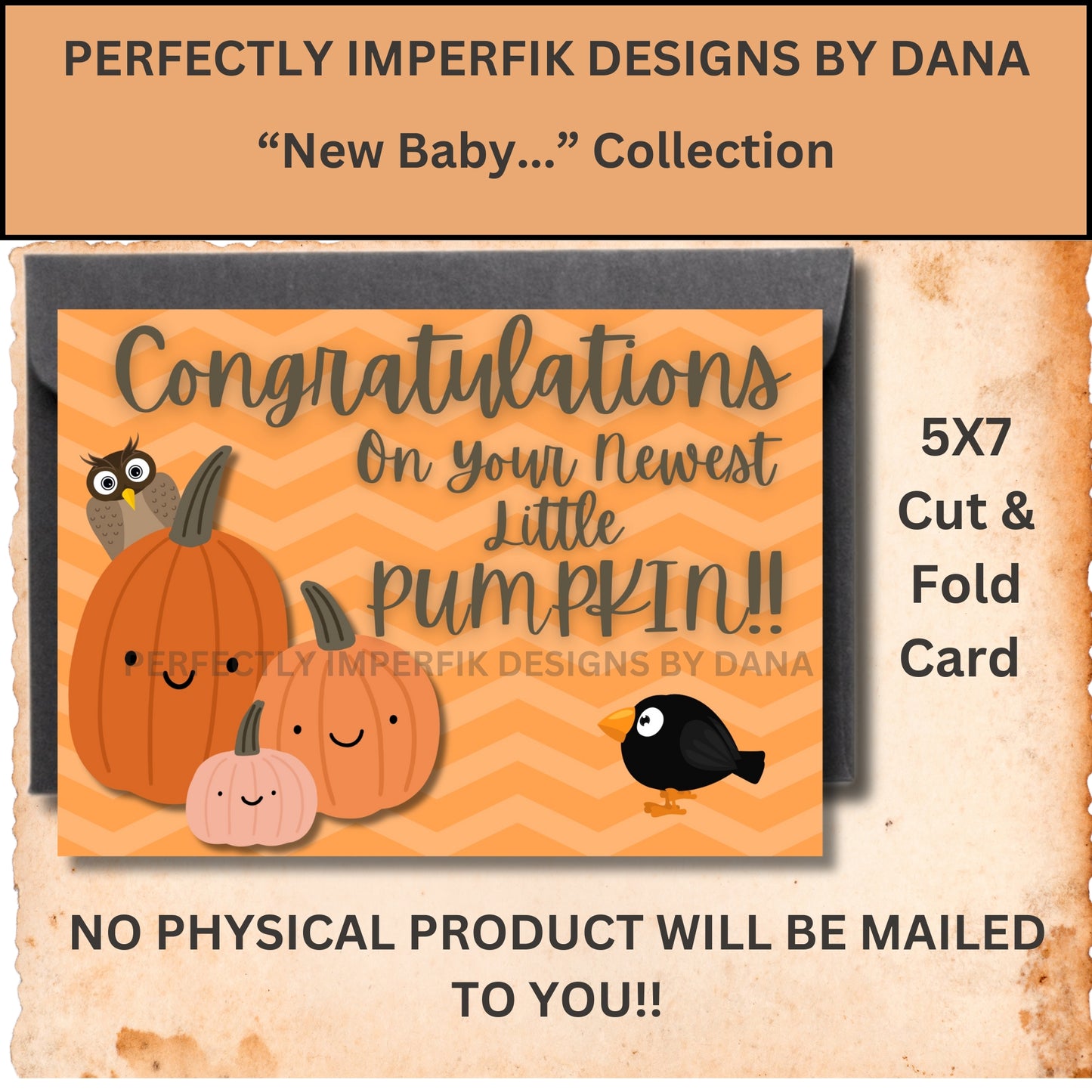 5X7 in. Digital ‘New Baby’ Pumpkin Greeting Card Download. Print, Cut & Fold