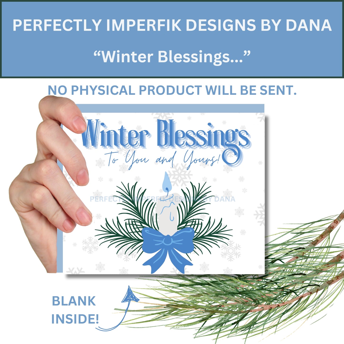 4X5 in. Digital ‘Winter Blessings’ Greeting Card Download feat. Winter Candle Blue Print, Cut & Fold